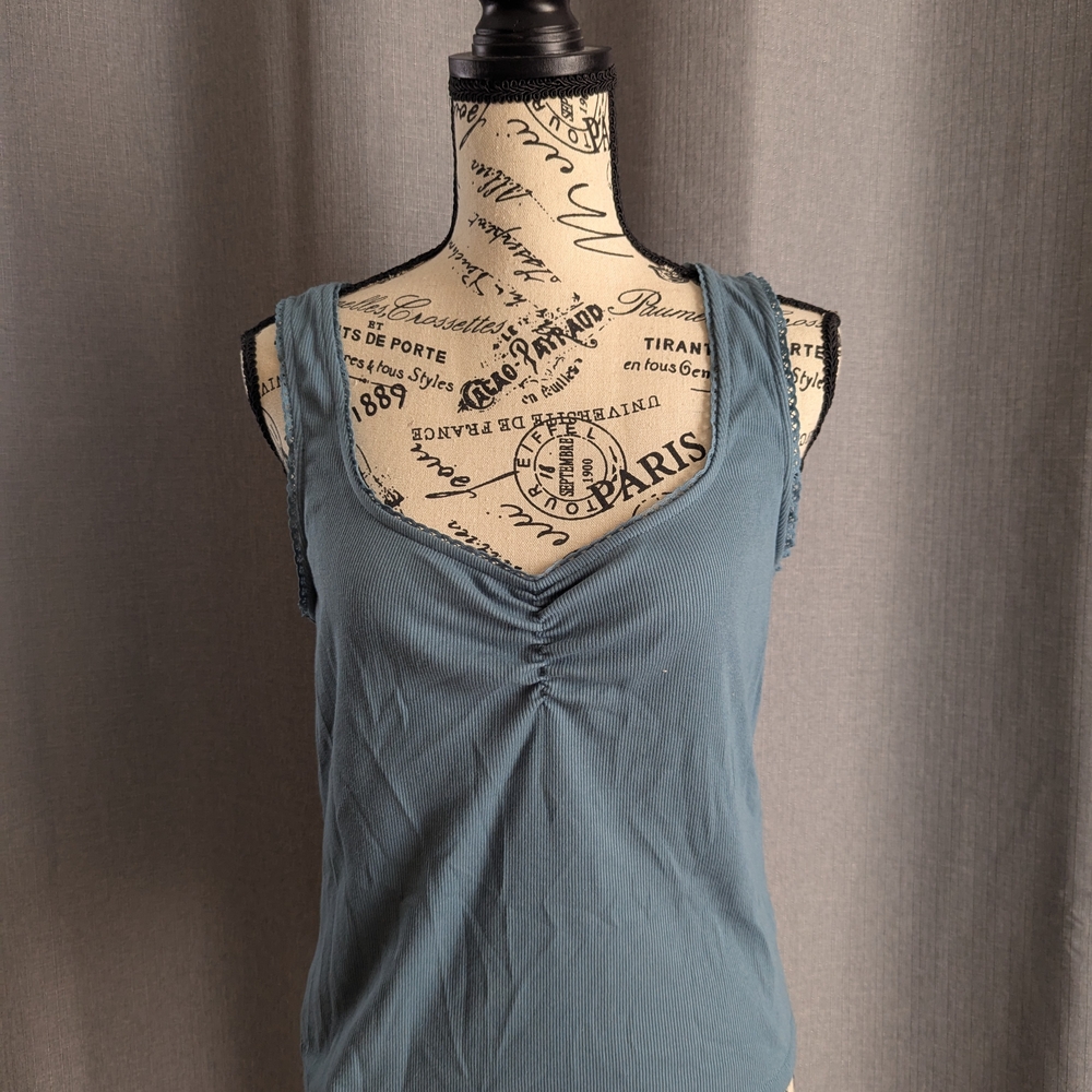 Blue Cinched Rib-Knit Crop Tank Top